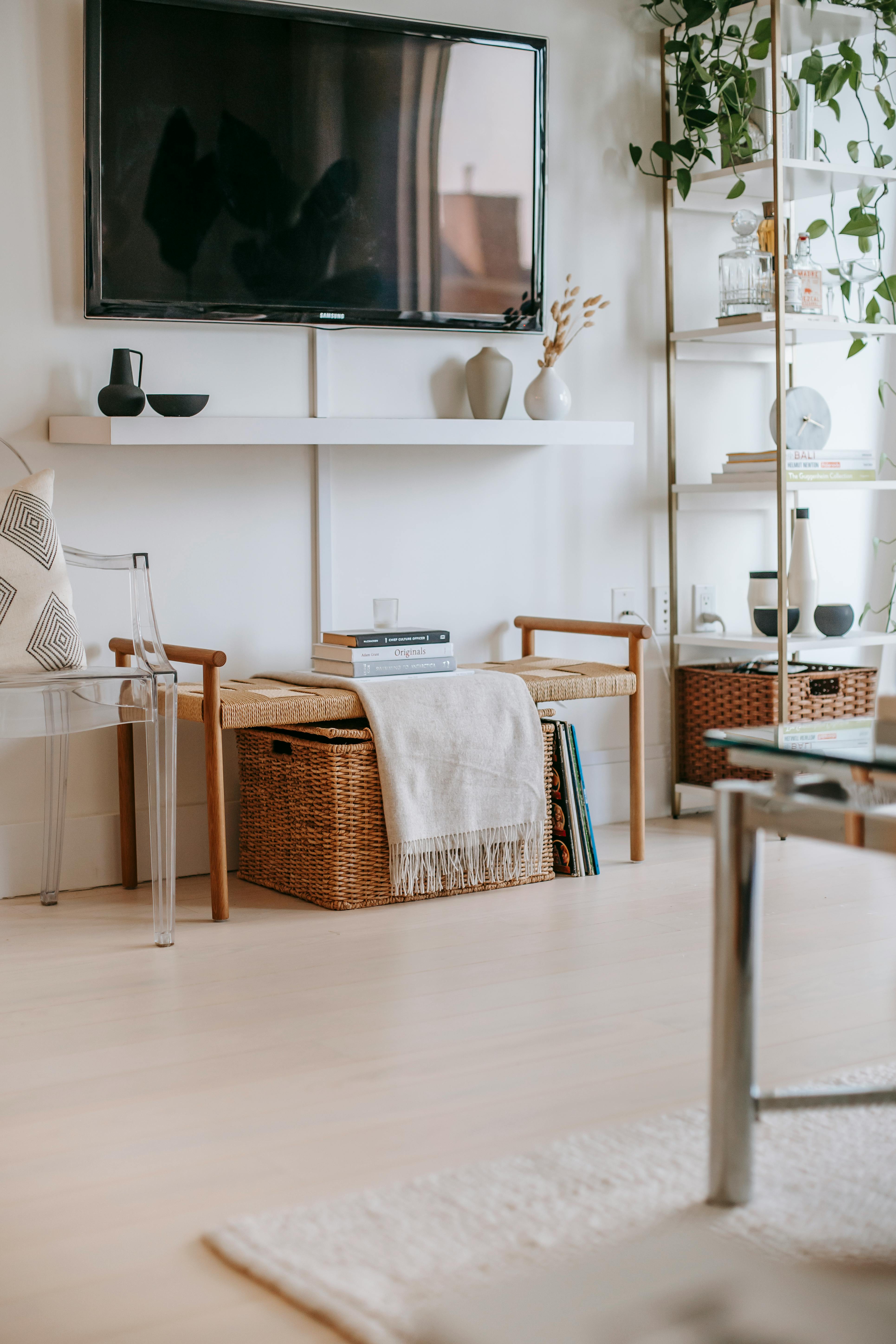 living room with TV on the wall and storage baskets

decorating ideas