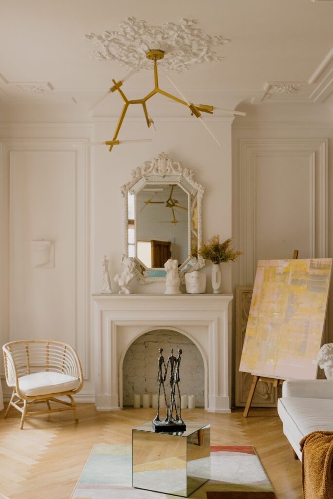 white room with fireplace and detailed coving

staging design