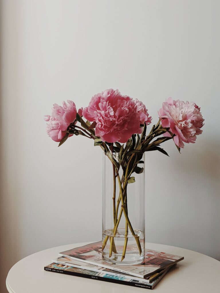 pink flowers in a glass vase on a table

staging design